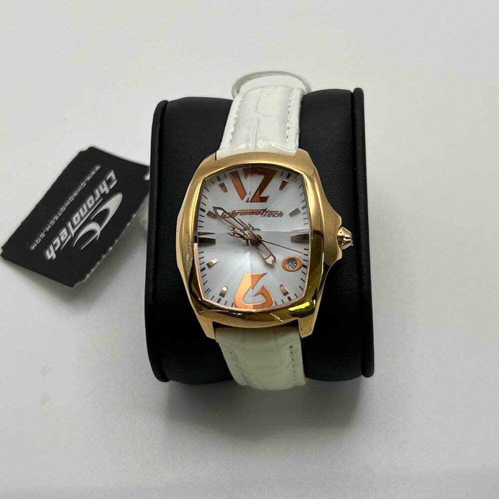 Chronotech Unisex Unused Prism Revolution Watch Gold and White Leather Strap